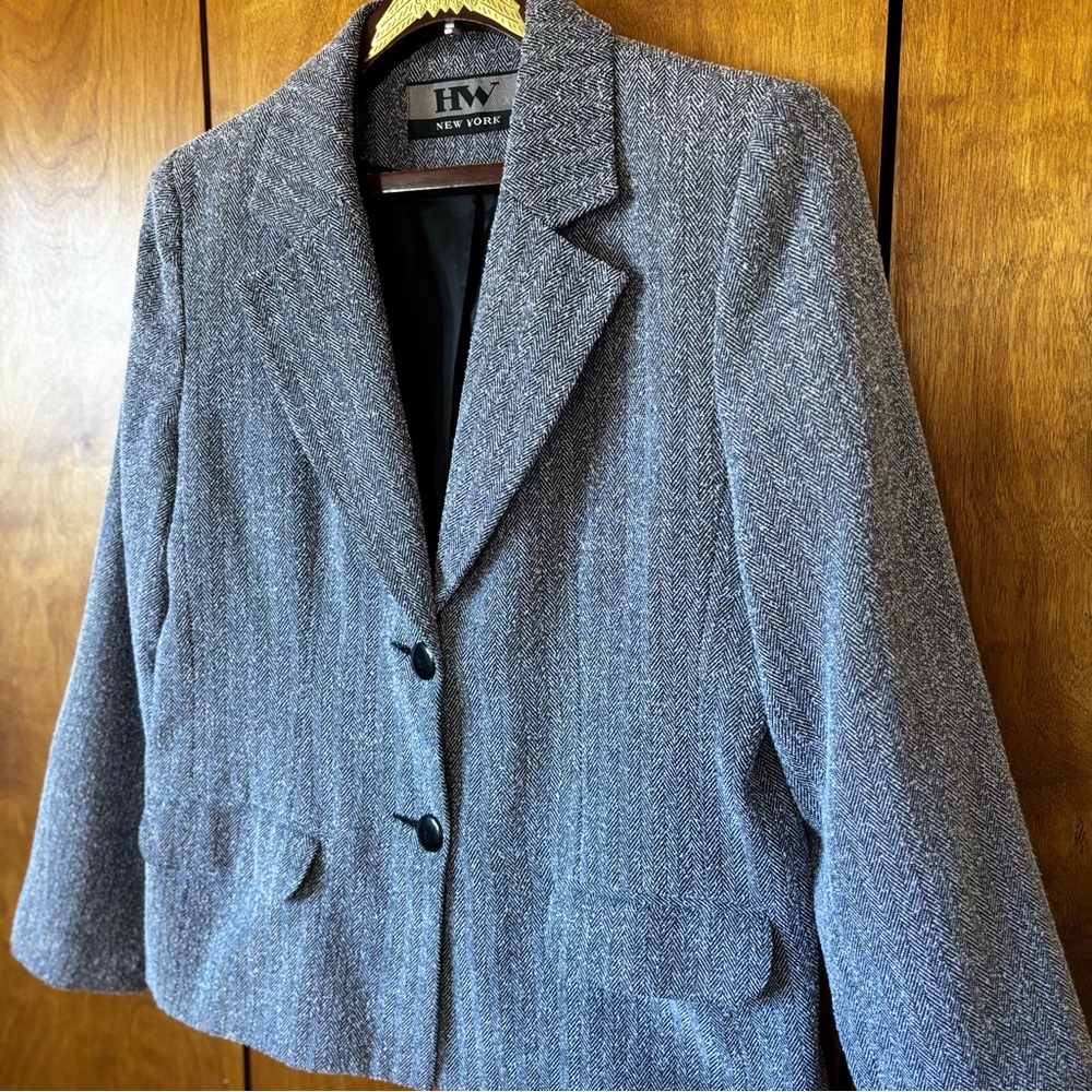 HW New York Women's Tailored Grey Herringbone Knit Blazer Jacket